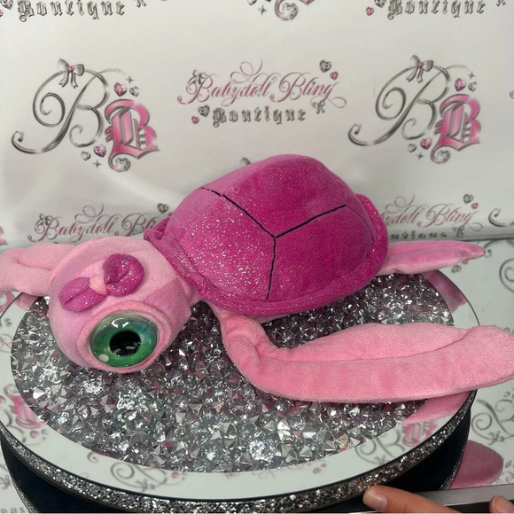 Big eyed pink sea turtle sparkly adorable bow tie on head plush  stuffed toy - Picture 14 of 14